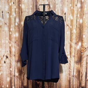 Express Navy Lace-Trim Button-Down Blouse